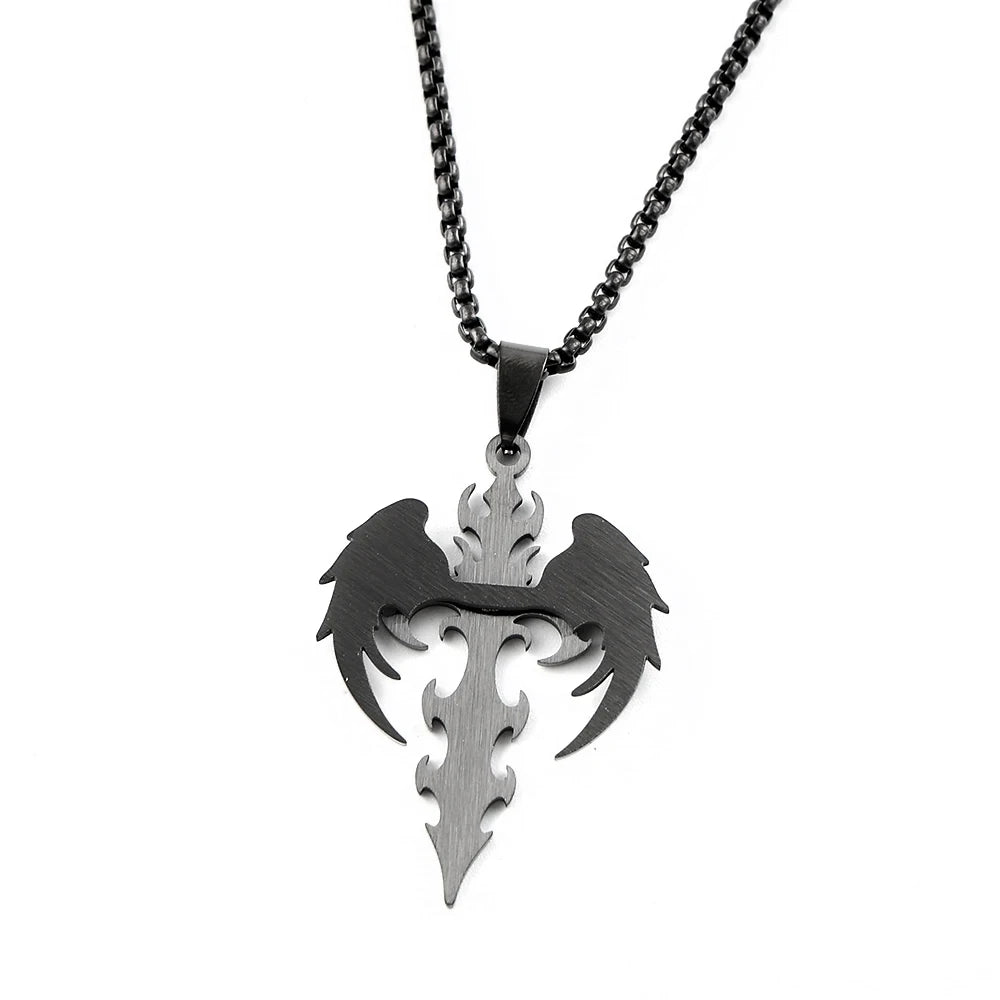 Gothic Punk Angle Wing Spiked Cross Pendant Necklace For Women Men Stainless Steel Bl alternate view