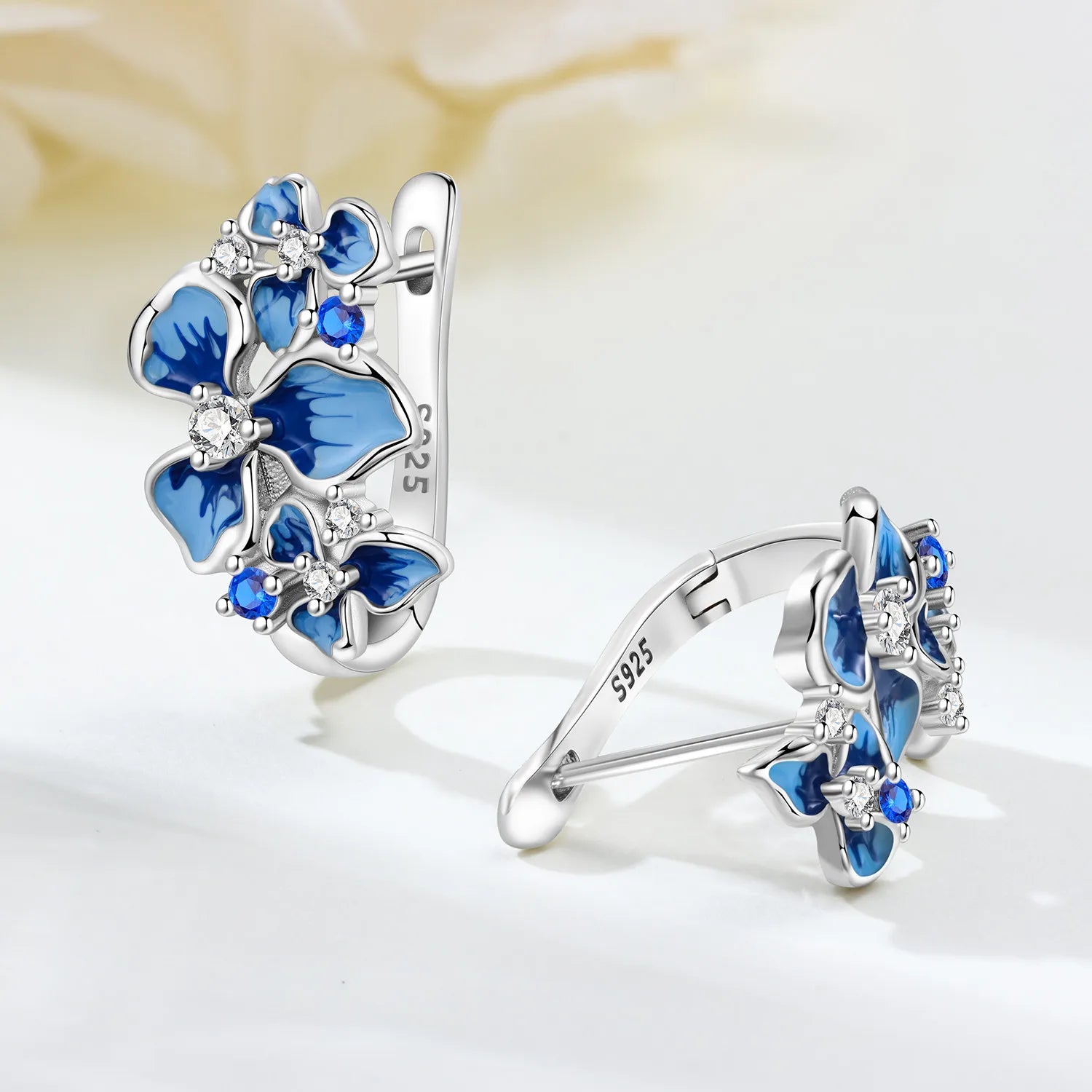 Orstarry Original 925 Sterling Silver Blue Iris Flower Earrings Women Hoop Earring An alternate view