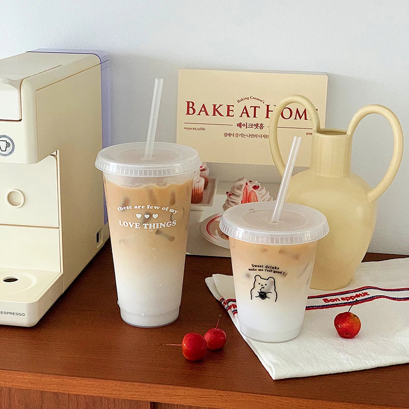 Kawaii Water Bottle For Coffee Juice Tea Cute Tumbler Plastic Cups With Straw Lid Portab detail view