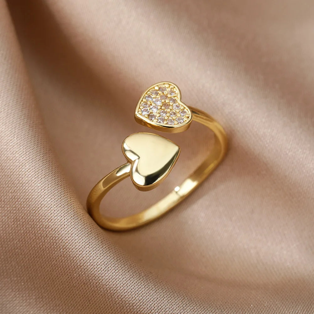 Zircon Geometric Heart Rings For Women Stainless Steel Gold Color Wedding Ring Luxury close-up view