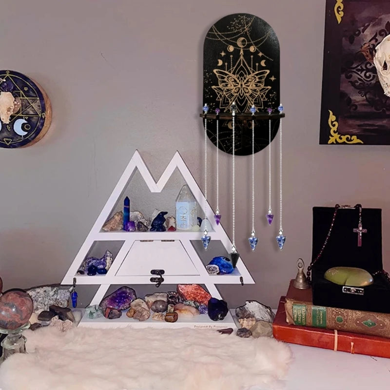 Wooden Crystal Shelf Display Stand | Bohemian Wall Rack for Stones and Jewelry detail view