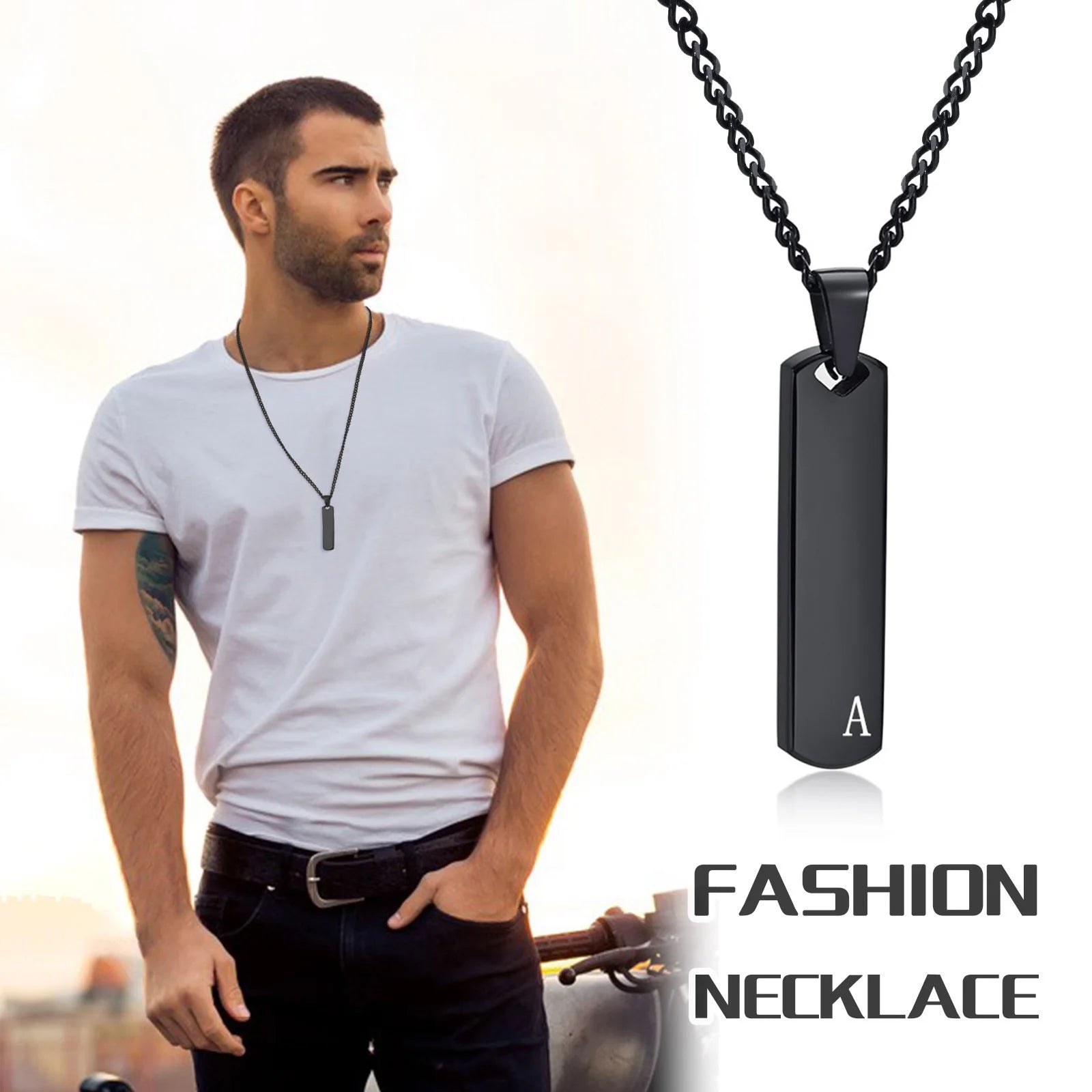 Initial Bar Necklace for Men | Thick Geometric Vertical Pendant with A-Z Letters alternate view