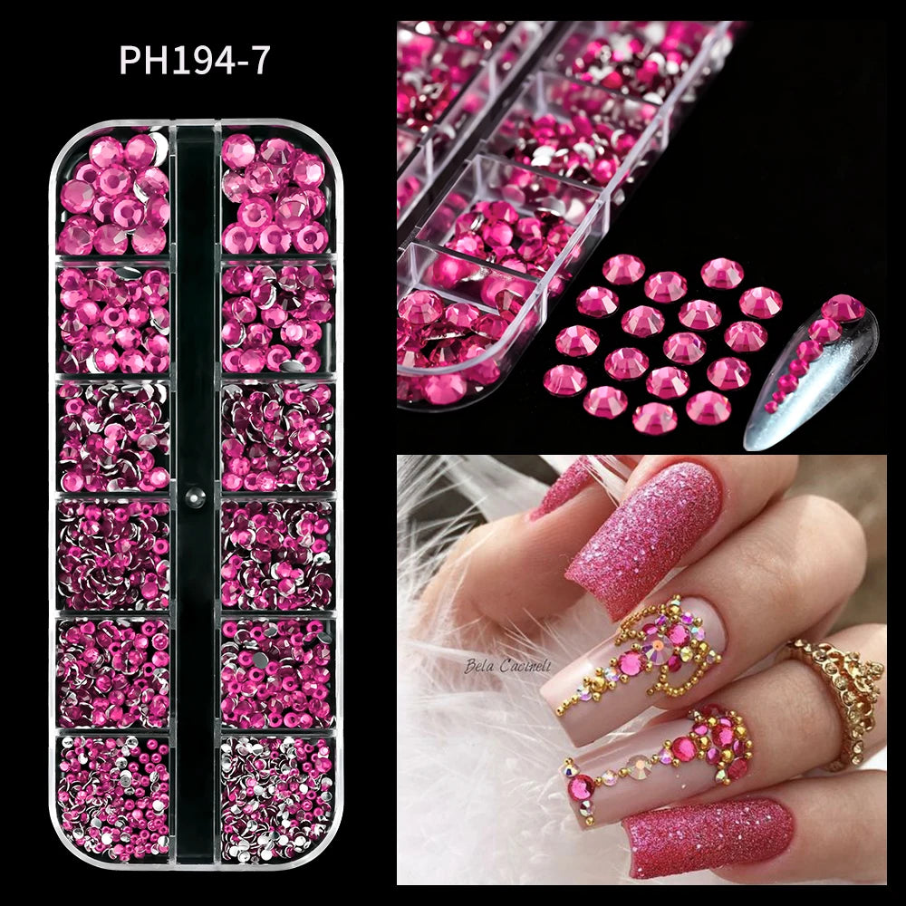 12Grids Pink Mixed Nail Rhinestones Luxury Nail Charms Glitter Crystal Jewelry Gems additional angle