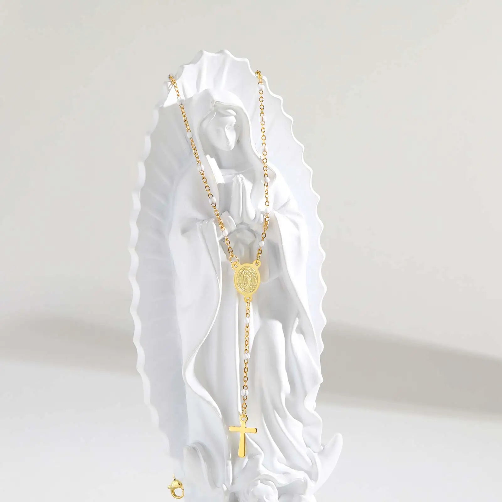 Stainless Steel Rosary Virgin Cross Drop Y-shaped Necklace,Women's White Rice Bead Chain detail view