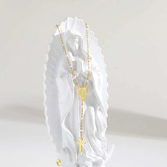 Stainless Steel Rosary Virgin Cross Drop Y-shaped Necklace,Women's White Rice Bead Chain detail view