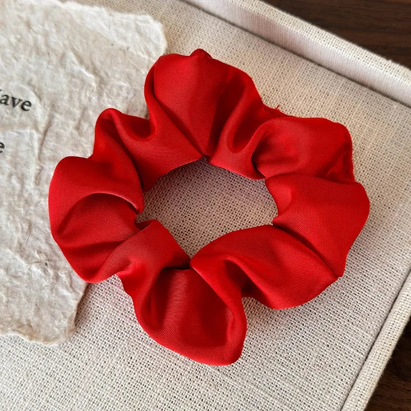 Retro Satin Red Color Hair Scrunchies Headband Women Temperament Hair Rope Tie Ponytai close-up view