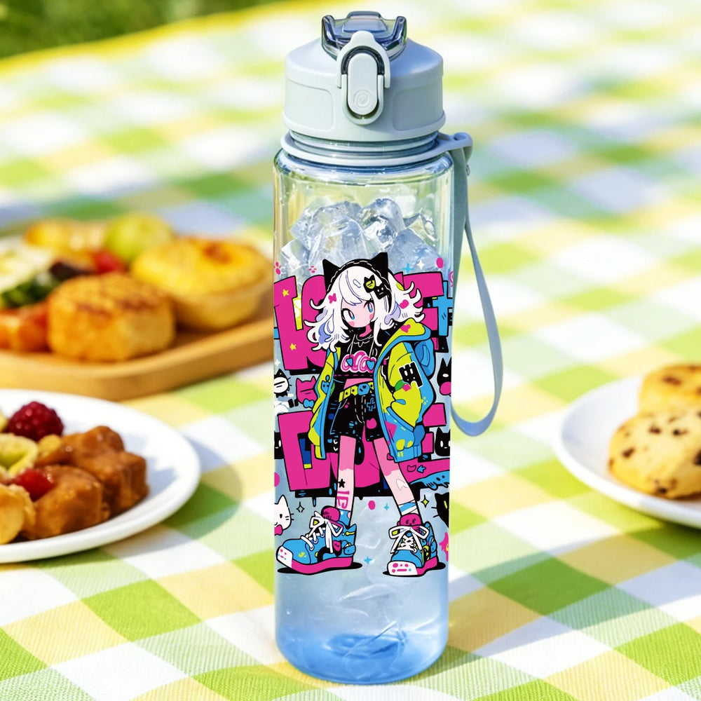 1 Piece 750ml (26 fl oz) Cartoon Anime Girl Printed Straw Cup, Summer Water Bottle, BP close-up view