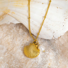 Shell and Pearl Pendant Necklace | 18K Gold Plated Stainless Steel Beach Jewelry close-up view
