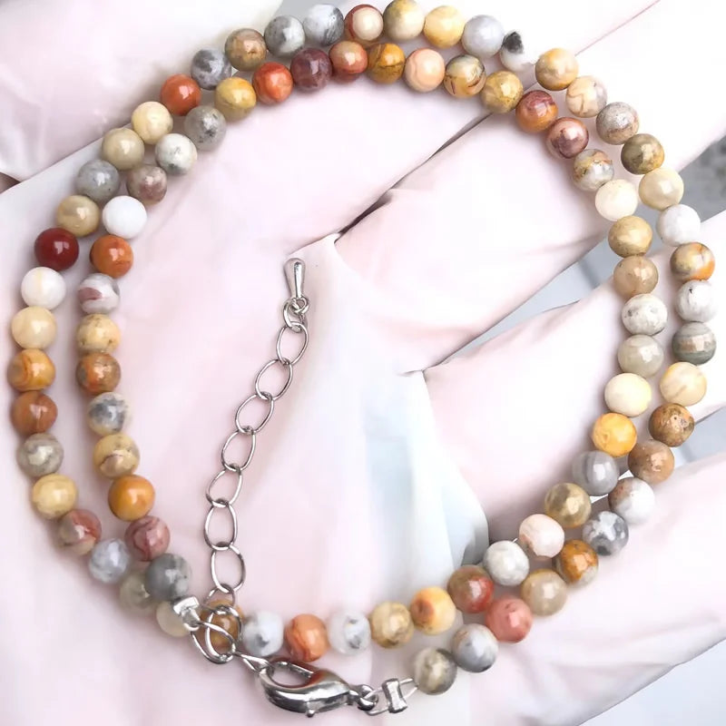 Natural Stone Bead Adjustable Necklace | Agate Opal Tigers Eye Quartz Crystal Jewelry detail view