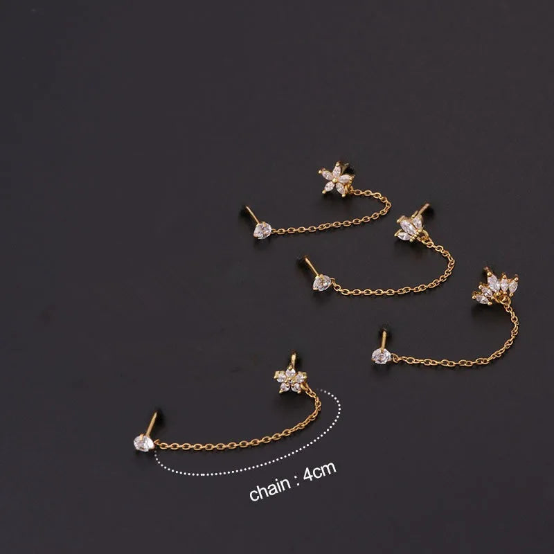 3PCS Stainless Steel Zircon Flower Star Ear Stud Earrings Set 14K Gold Plated Chain C alternate view