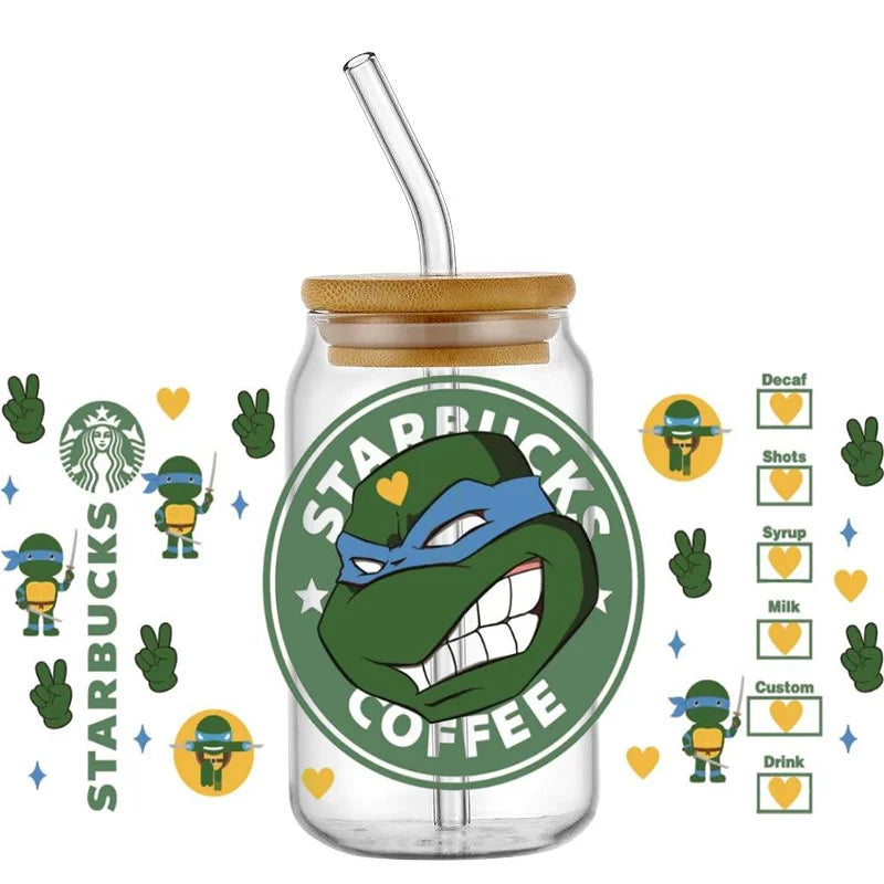 Cartoon Turtle Decal Stickers | Waterproof UV DTF Wrap for 16oz Libbey Glass additional angle