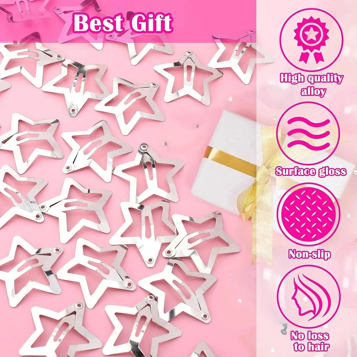 10/25/50/100/200pcs Y2K Silver Star Hair Clips for Girls Metal Snap Clip Hairpins Bar lifestyle view