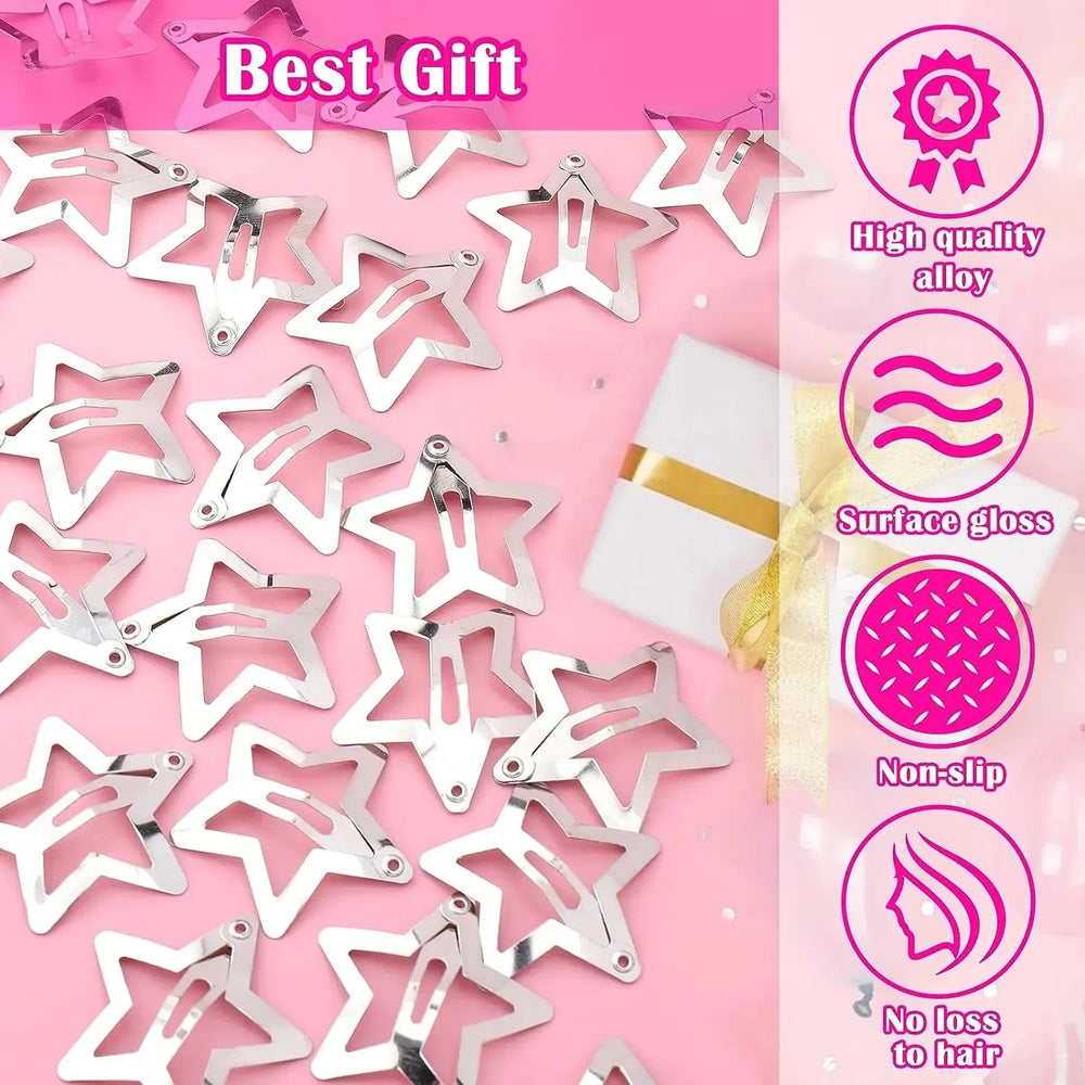 10/25/50/100/200pcs Y2K Silver Star Hair Clips for Girls Metal Snap Clip Hairpins Bar lifestyle view