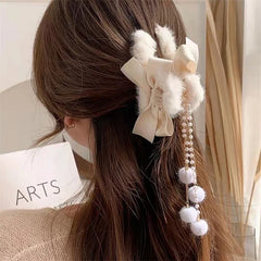 New Fashion Women Soft Plush Bow Pearl Tassel Hair Claw Clips Elegant Hair Clips Headwear
