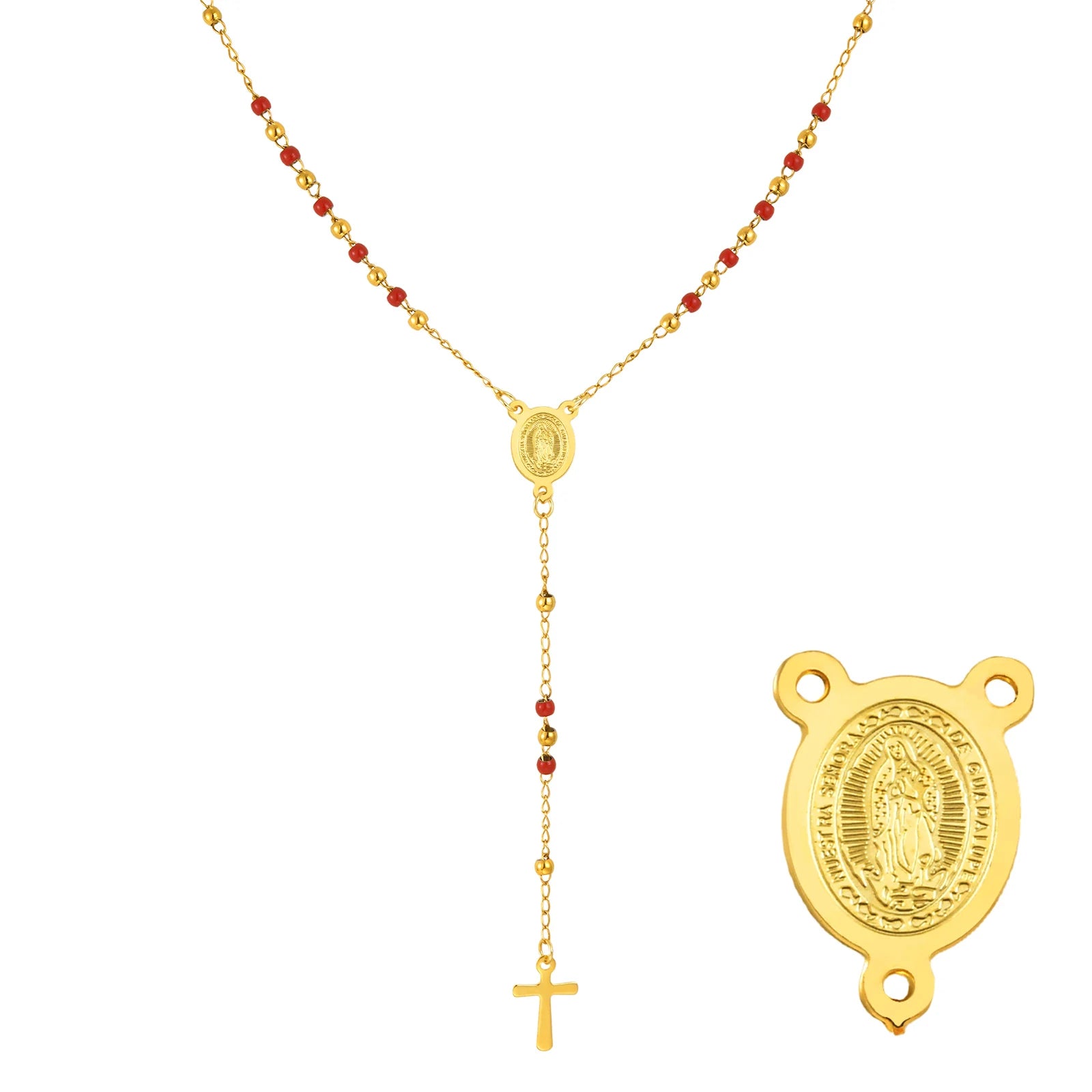 Colored Bead Y-Shaped Cross Necklace | Stainless Steel Catholic Rosary Jewelry for additional angle