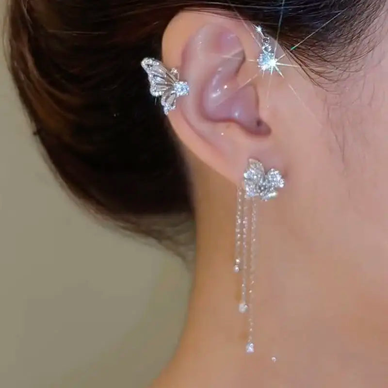 Sparkling Zircon Flower Butterfly Ear Bone Clip for Women Without Piercing Tassel Ear Cu detail view