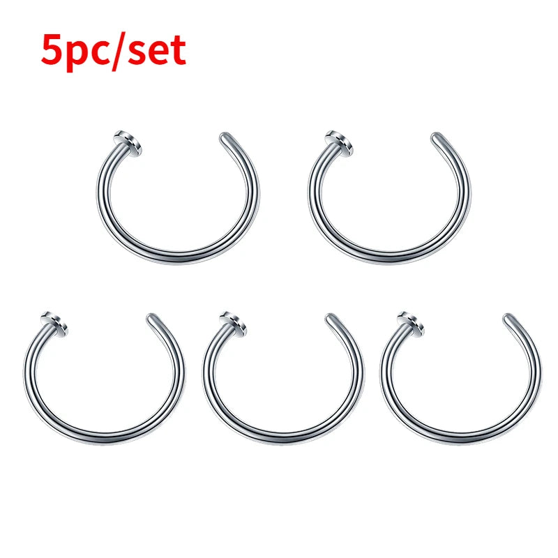 5PC Stainless Steel Women Nostril Nose Hoop Stud Rings Clip on Nose Rings Fake Nose Earring Piercing