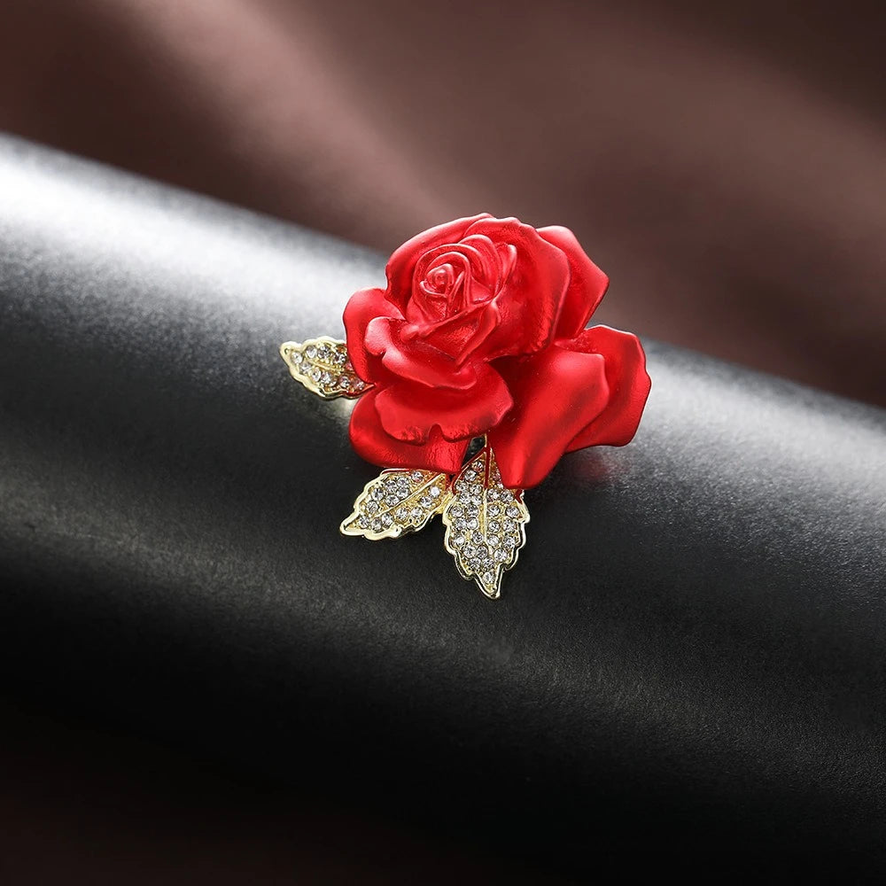 Beautiful Rose Flower Brooches Shiny Rhinestone Studded Gold Color Metal Pins Clothin alternate view
