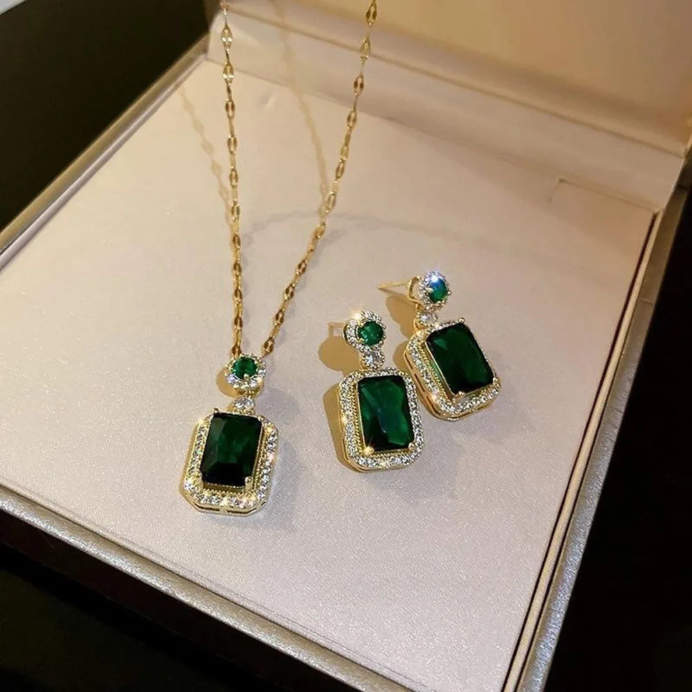 4PCS Sets Exquisite Quadrate Rhinestone Necklace Earrings Ring Jewelry Set Charm Ladi lifestyle view