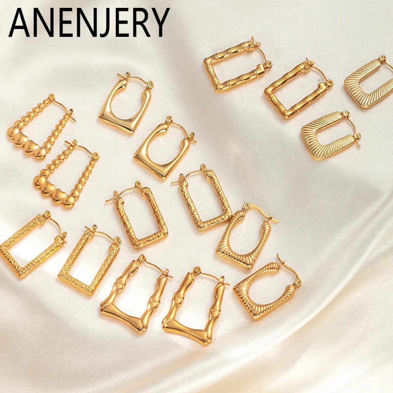 ANENJERY 316L Stainless Steel Hollow Square Texture Drop Earrings | Hypoallergenic Geometric Jewelry