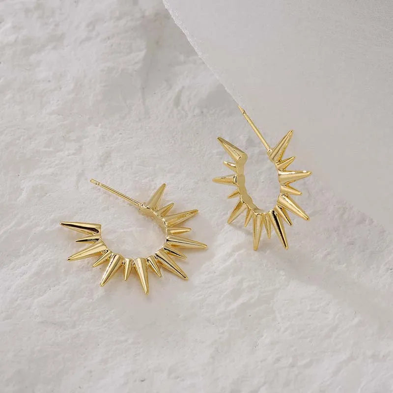 Punk Exaggerated Gold Colour Sun Shape Stud Earrings for Women Hip Hop Rock Metal Irr lifestyle view
