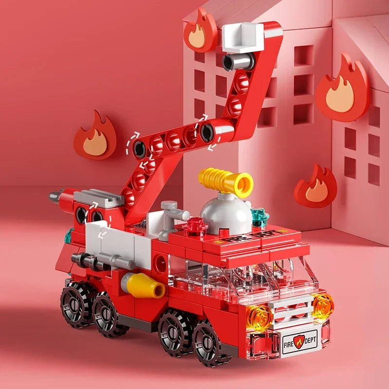 City Fire Car Building Blocks Set | 6-in-1 Police Truck, Engineering Crane, Tank & Helic detail view