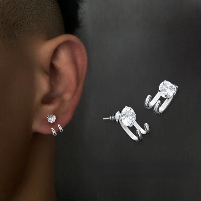 2023 New Simple Zircon Stud Earrings Single Trend Personality Hip-hop Niche Hook Shape Earrings for
