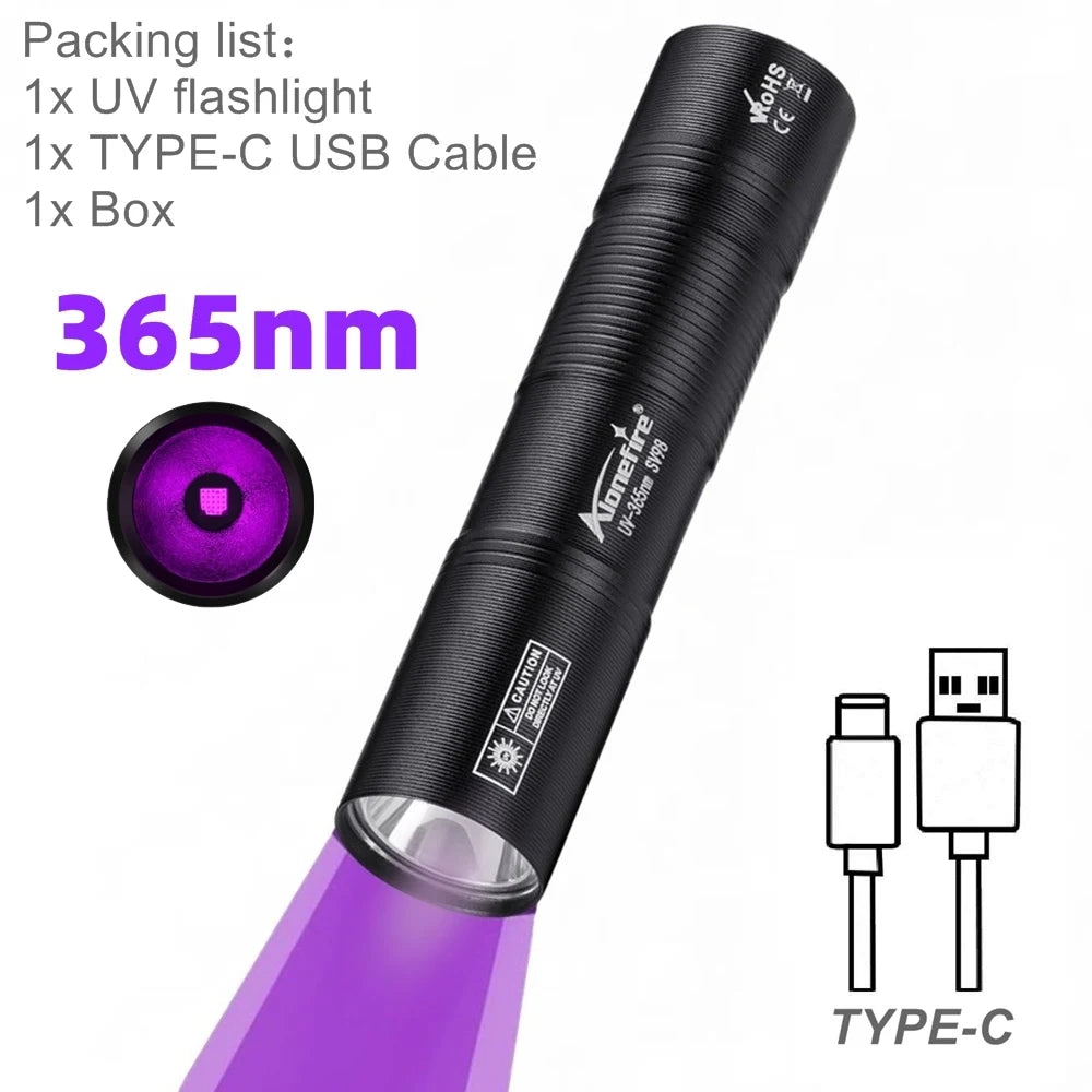 Mini 365nm UV Flashlight USB Rechargeable | Ultraviolet Nail Lamp Torch for Pet Urine, S detail view