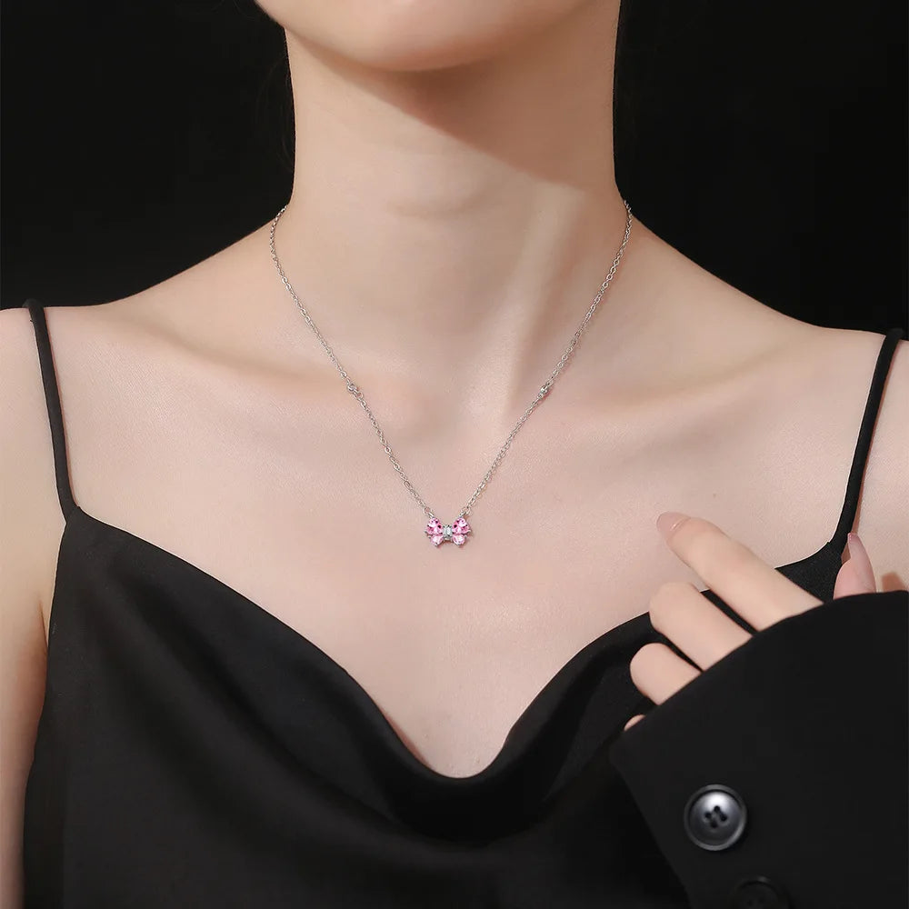 925 Sterling Silver Stylish Sweet Pink Bow Zircon Necklace Birthday Party Anniversa additional angle