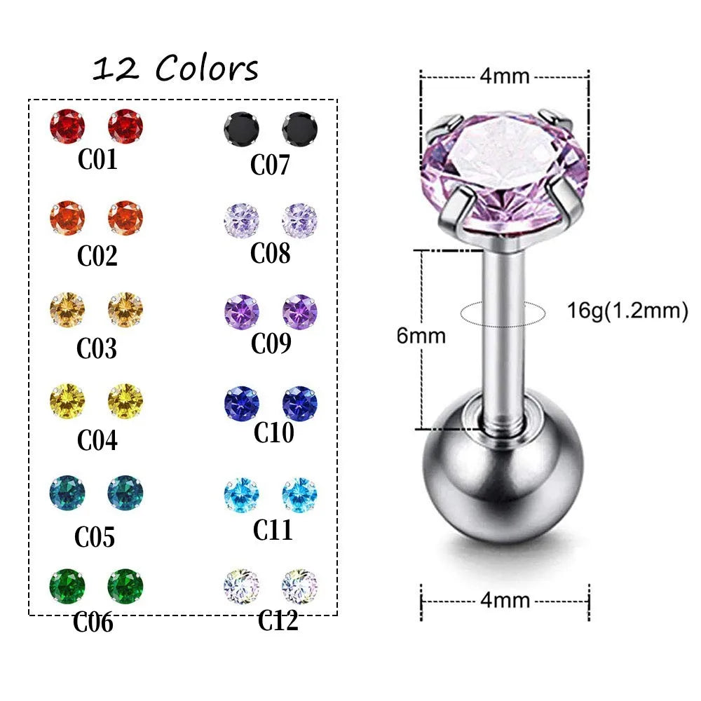 12 Pairs CZ Ear Stud Mixed Colors Cartilage Earrings Set Stainless Steel Barbell Stud alternate view