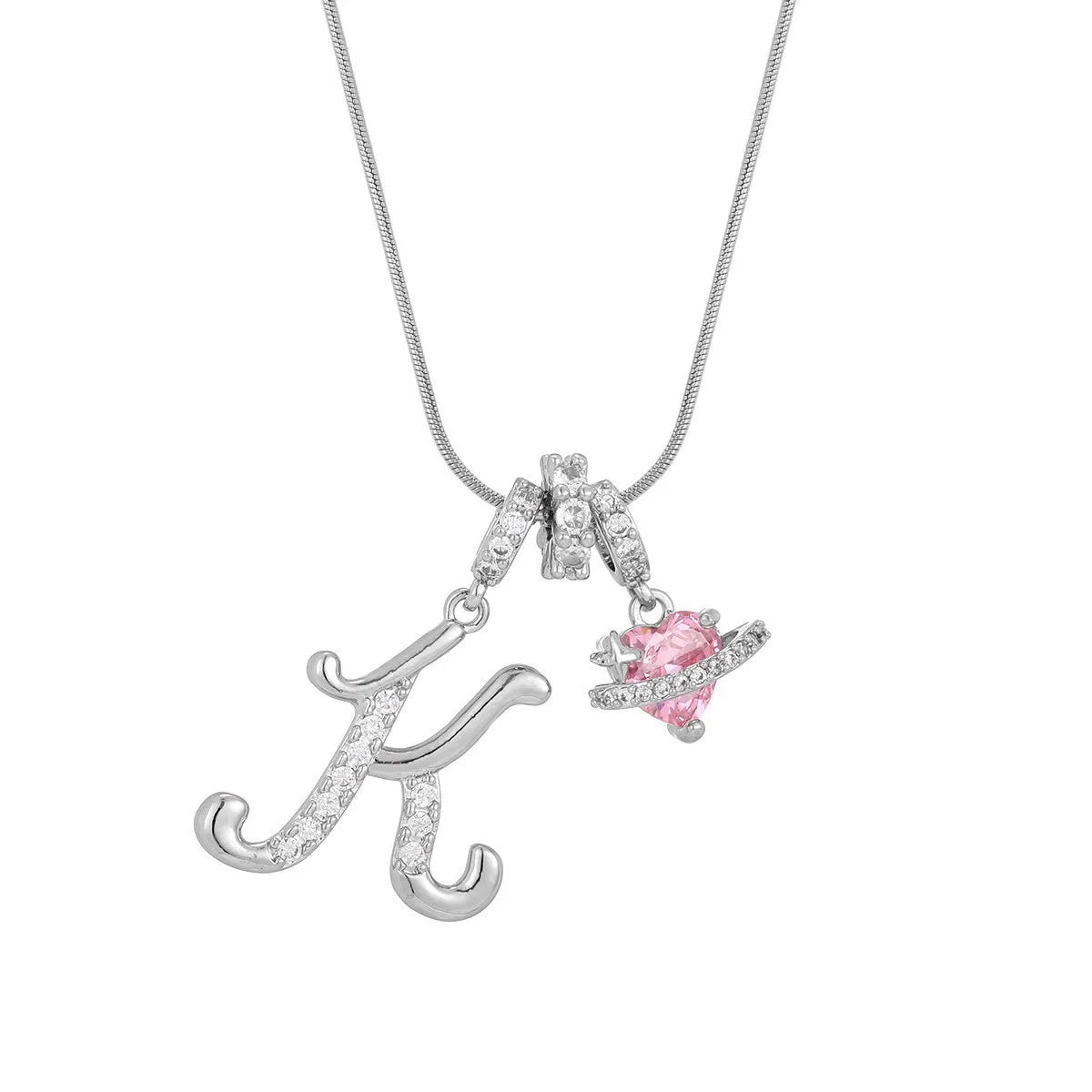 Fashion Letter Necklace for Women Pink Zircon Heart-shaped Pendant Suitable for Gir additional angle