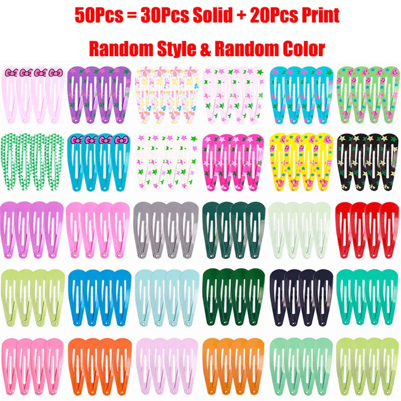 50Pcs/Lot Alloy Hair Accessories Children Hairpin Print Flower Cartoon Hairclip Solid Candy Color Head Barrettes Girls Headdress