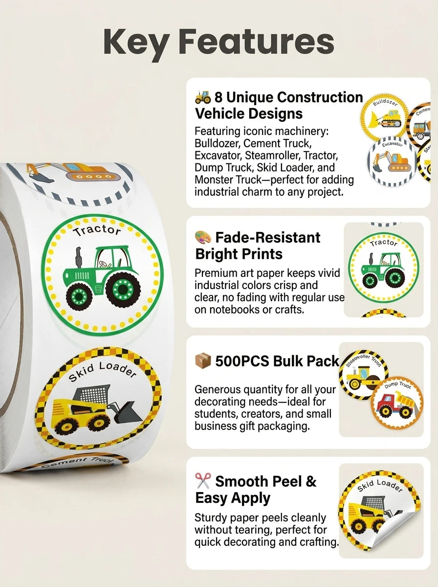 1 Roll (500 Stickers) Cartoon Engineering Vehicle Sticker Set | Teacher Reward Labels alternate view
