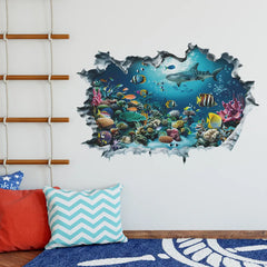 3D Shark Wall Stickers for Kids Room | Ocean Aquarium Broken Wall Decals close-up view