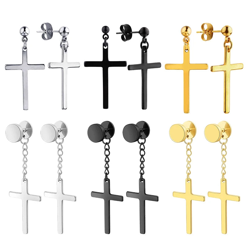 1 Pairs Punk Gothic Stainless Steel Stud Earring Cross Round Fake Ear Taper Dumbbell lifestyle view