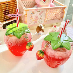 M-500ml Summer Cute Strawberry Straw Water Bottle Milk Coffee Straw Cup for Home Port alternate view
