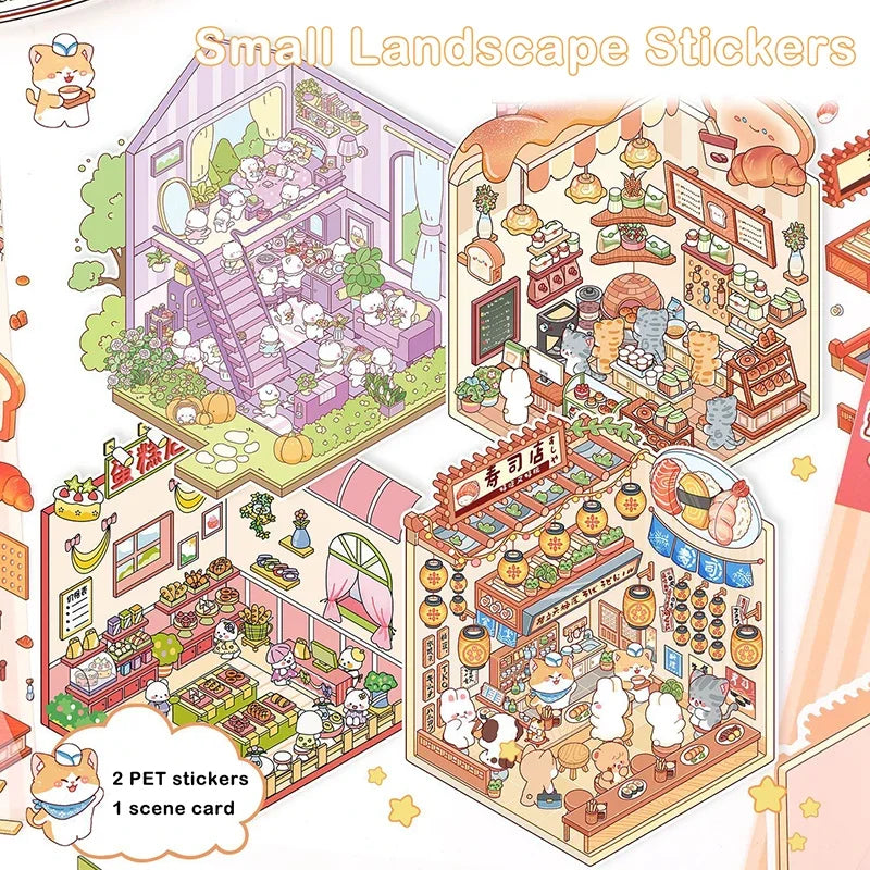 3D Simulation Cabin Stickers Set | Creative Cartoon DIY Landscape Decals for Kids detail view