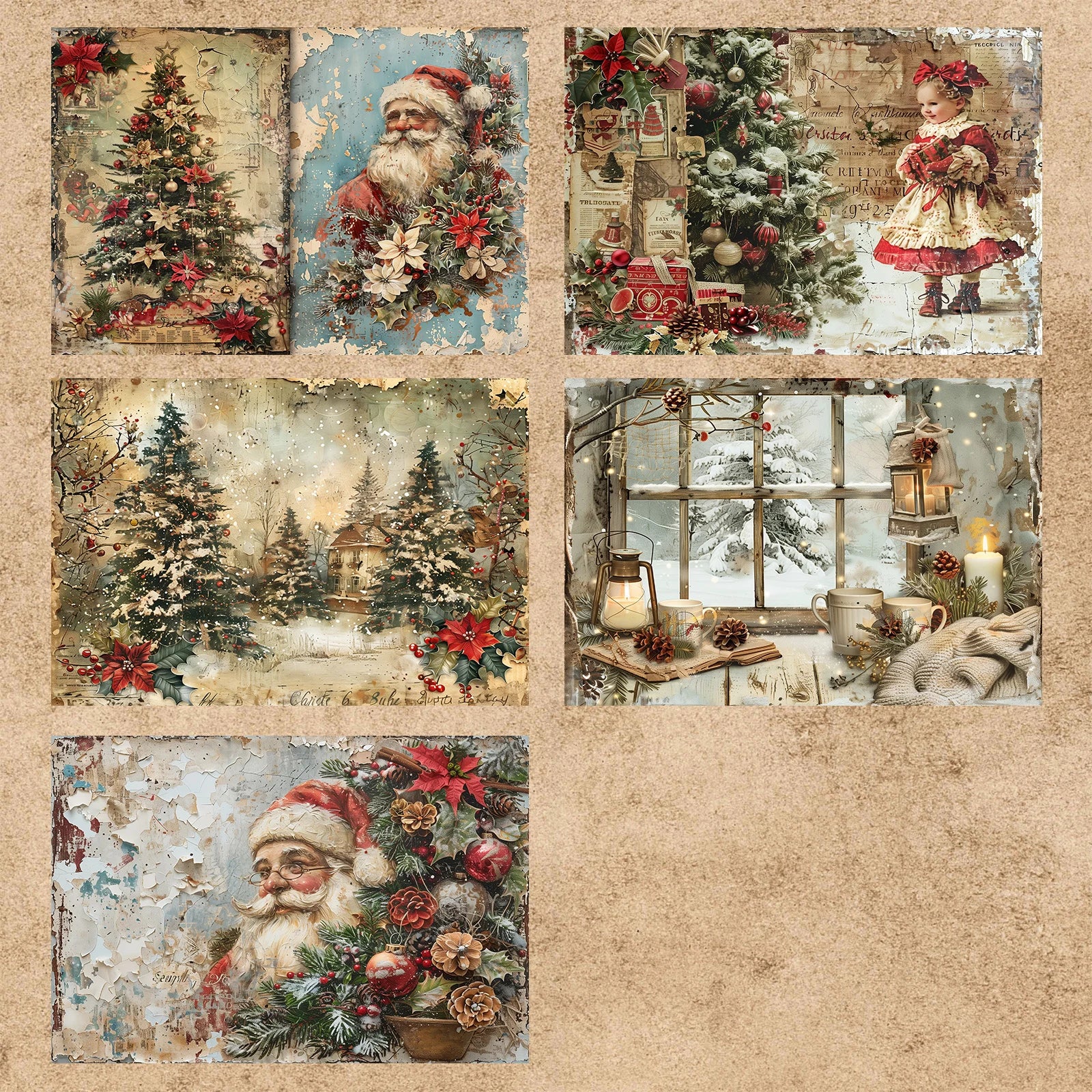 9 Sheets A5 Christmas Retro Santa Girl Vintage Grunge Paper Pack | Scrapbooking Journ alternate view