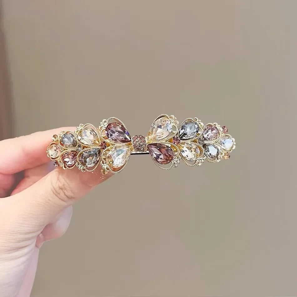 High-end Crystal Flower Hairpin Women's Back of Head Half-tied Spring Clip Hair Clip alternate view