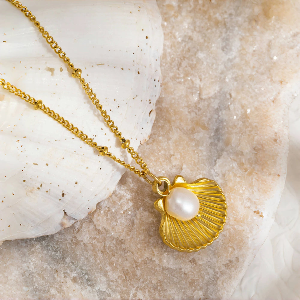 Shell and Pearl Pendant Necklace | 18K Gold Plated Stainless Steel Beach Jewelry lifestyle view