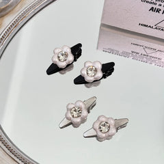 2pcs Sweet Fashion Korean Style Pearl Flower Clip Womens Bangs Clip Elegant Designed Duckbill Hair Rhinestone Accessory Pair Set