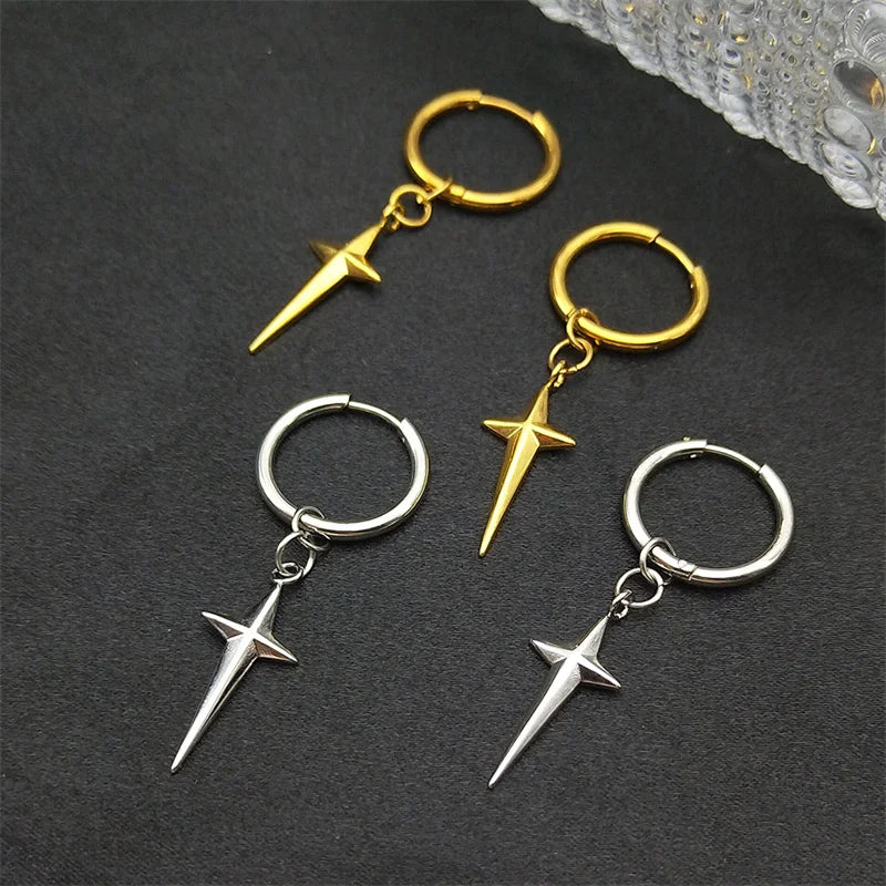 Stainless Steel Star Cross Hoop Earrings | Punk Kpop Y2K Drop Earrings for Women close-up view