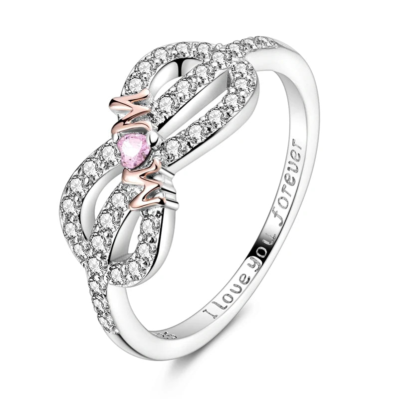 925 Sterling Silver Original Eternal Infinity Love For Mom Rose Gold Plated Heart Rings detail view
