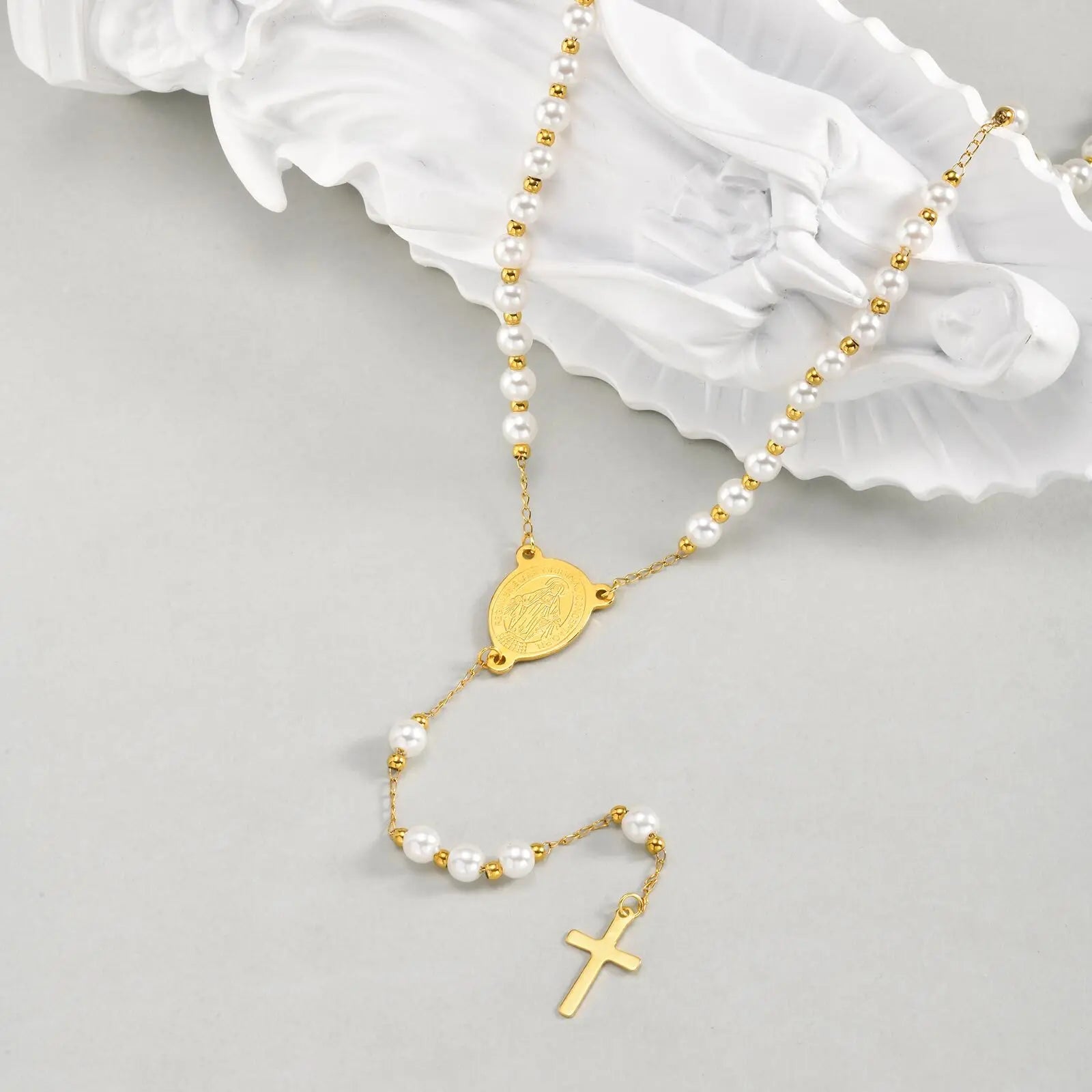 Vnox Stainless Steel Pearl Rosary Beaded Necklace,Virgin Mary Religious Cross Necklace For Women,Prayer Jewelry 65cm Long Chain
