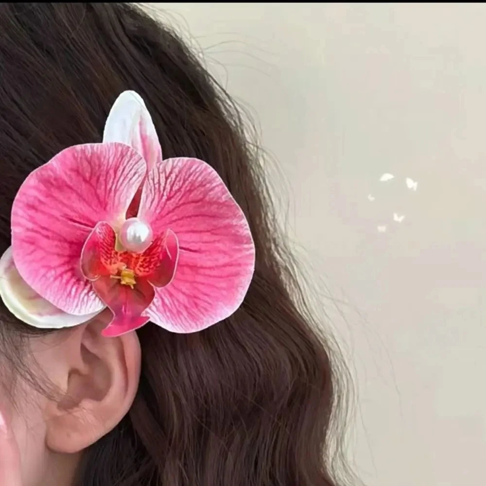 Artificial Orchid Flower Butterfly Hair Clips for Woman Girls Phalaenopsis Pearl Du additional angle