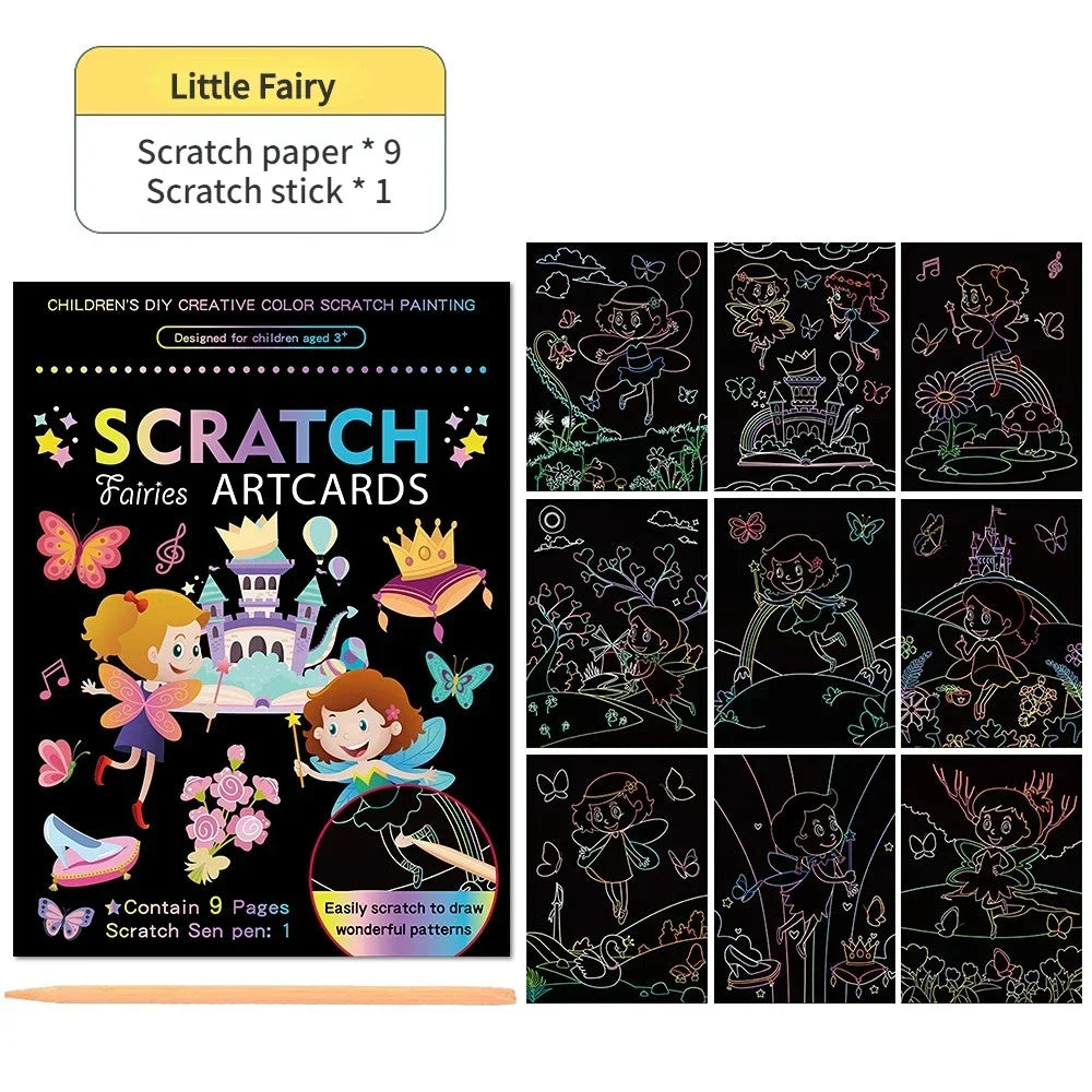 Magic Rainbow Color Scratch Art Painting Paper Card Kit Cartoon Drawing Board Coloring B detail view
