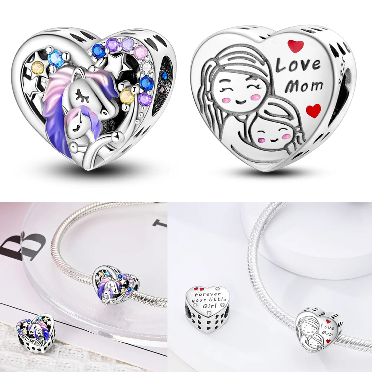 925 Sterling Silver Happy Family Charms Bead Zirconium Family Love Dangle Fit Origina lifestyle view