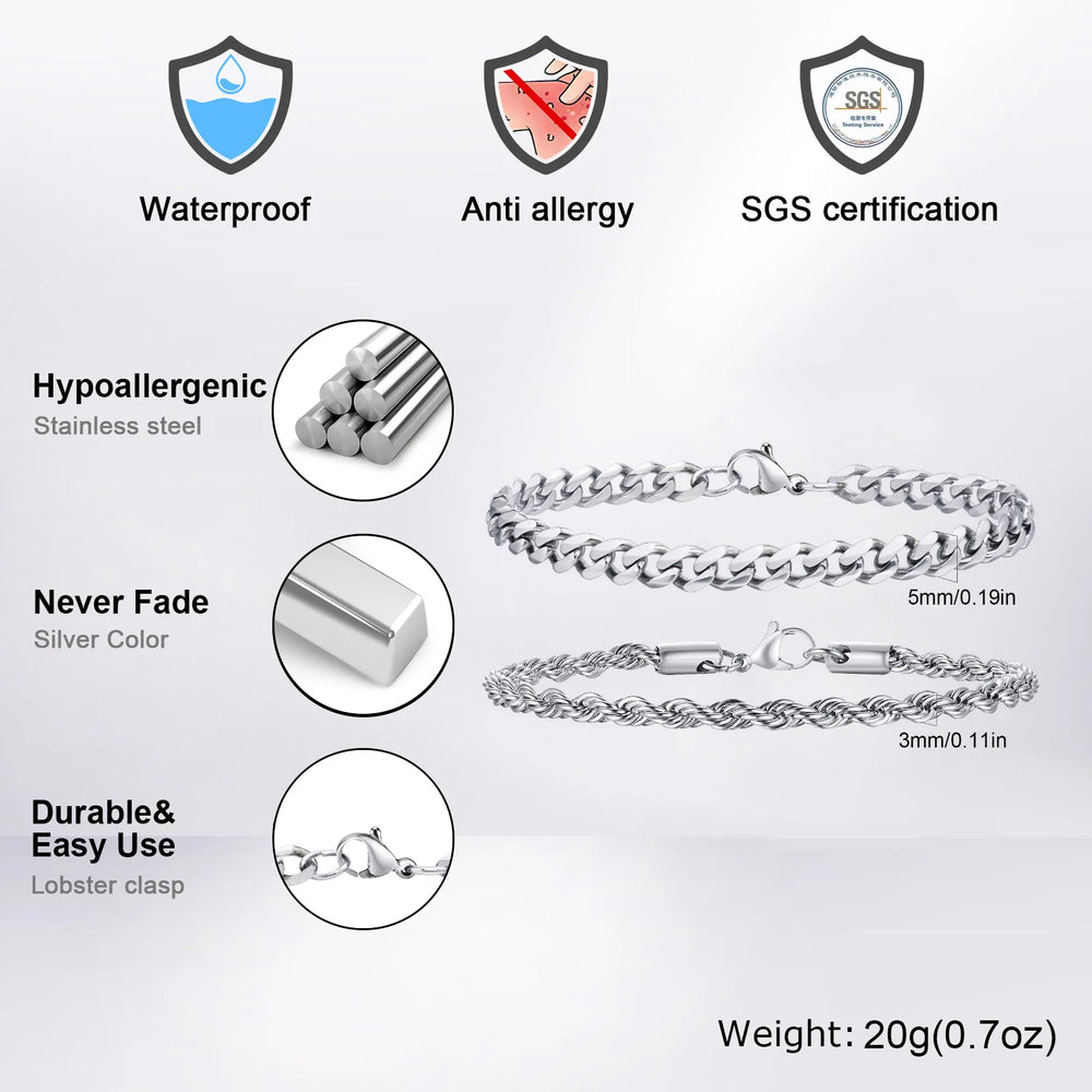 Men's Stainless Steel Chain Bracelets Set | 2pcs Silver Gold Black Twist Rope & Cuban close-up view