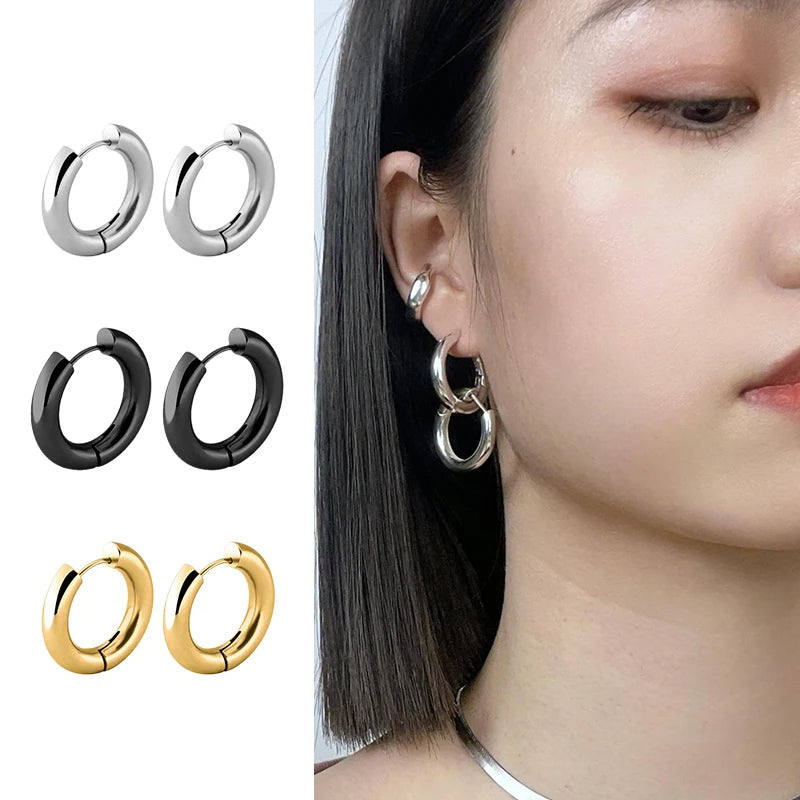 2pc Stainless Steel Small Hoop Earrings | Unisex Punk Hip Hop Huggie Earrings alternate view