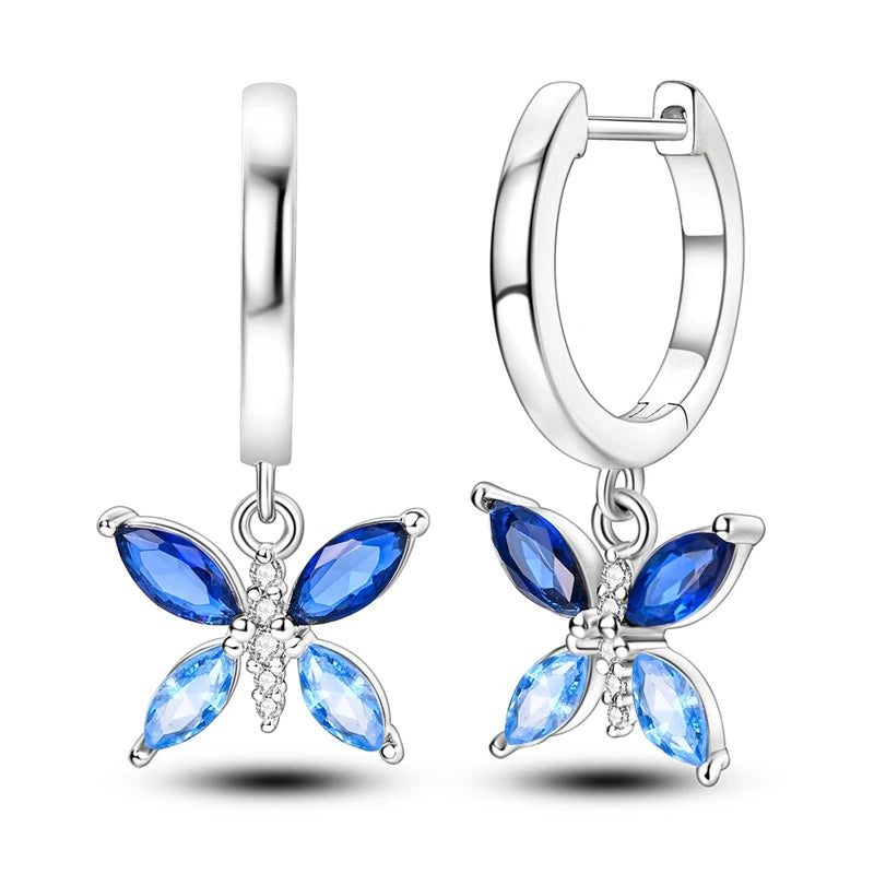 Original 925 Sterling Silver Blue Zirconium Butterfly Earrings Colored Hoop Earrings W close-up view